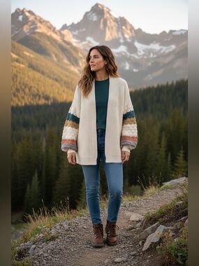 Hem & Thread Cream Open-Front Cardigan with Multicolor Sleeve Stripes